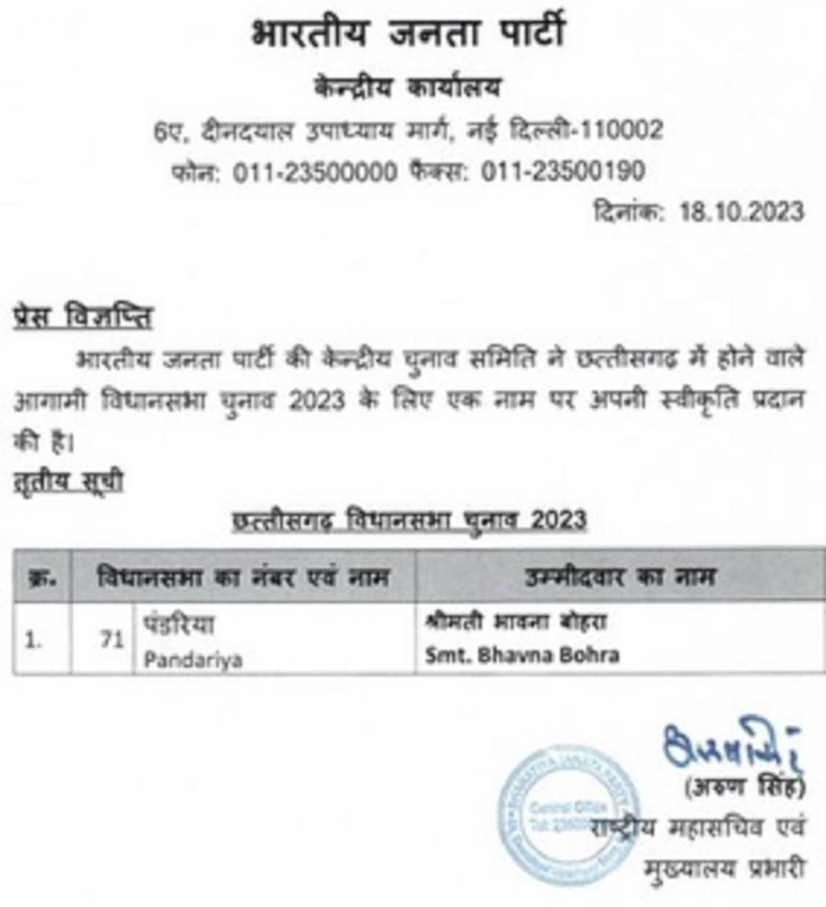 छत्तीसगढ़ : भाजपा ने पंडरिया से भावना बोहरा को बनाया उम्मीदवार छत्तीसगढ़ : भाजपा ने पंडरिया से भावना बोहरा को बनाया उम्मीदवार
